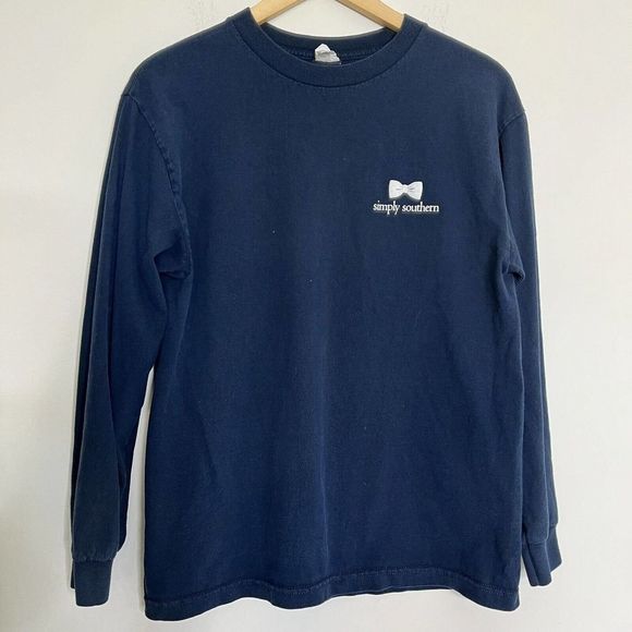 Vintage Simply Southern Shirt Womens Medium Blue Pink Long Sleeve Bow Spell Out - Picture 3 of 8